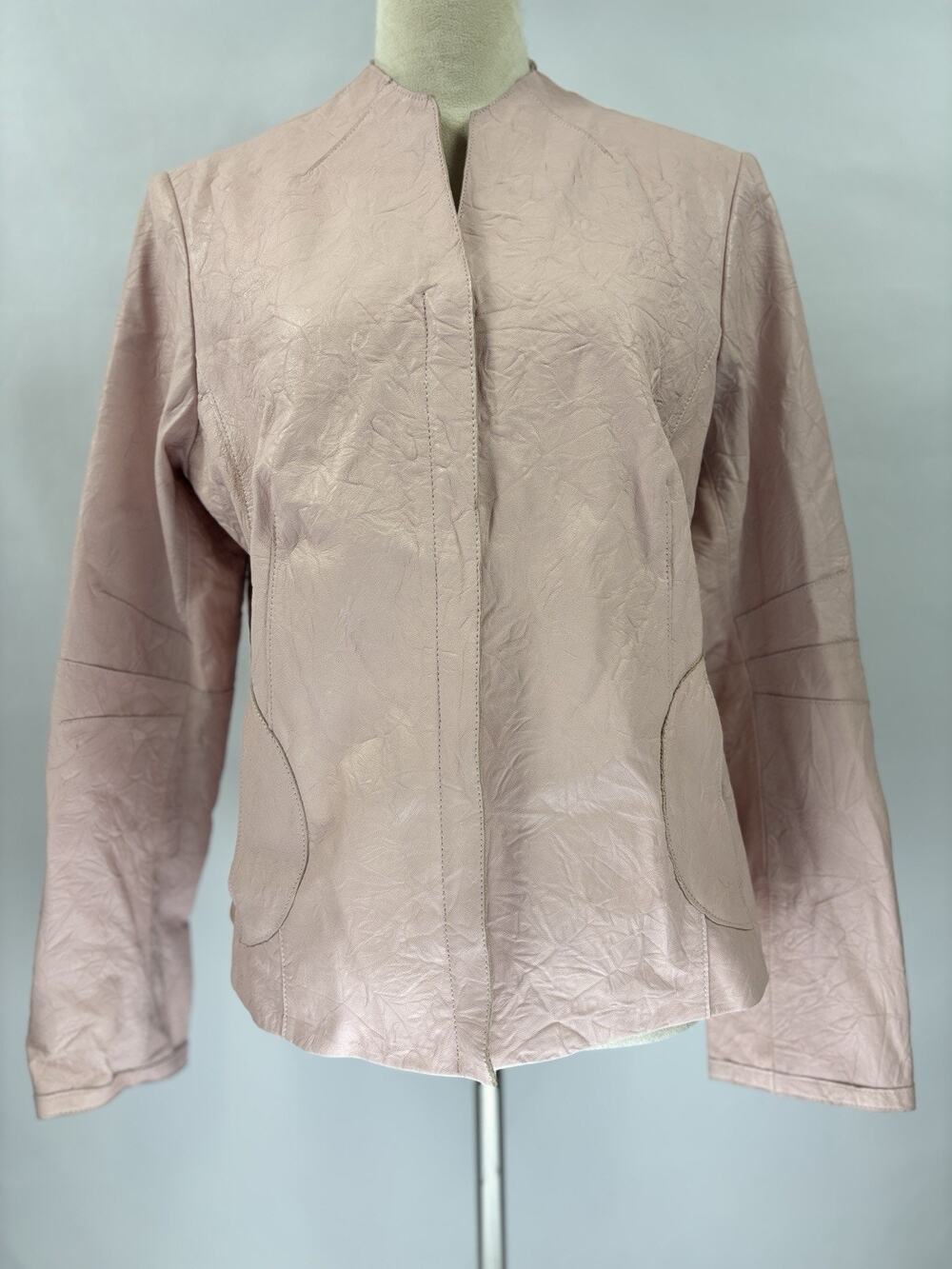 A Line Anne Klein Leather Jacket Pink 12 Wrinkled Effect Single Breasted Moto